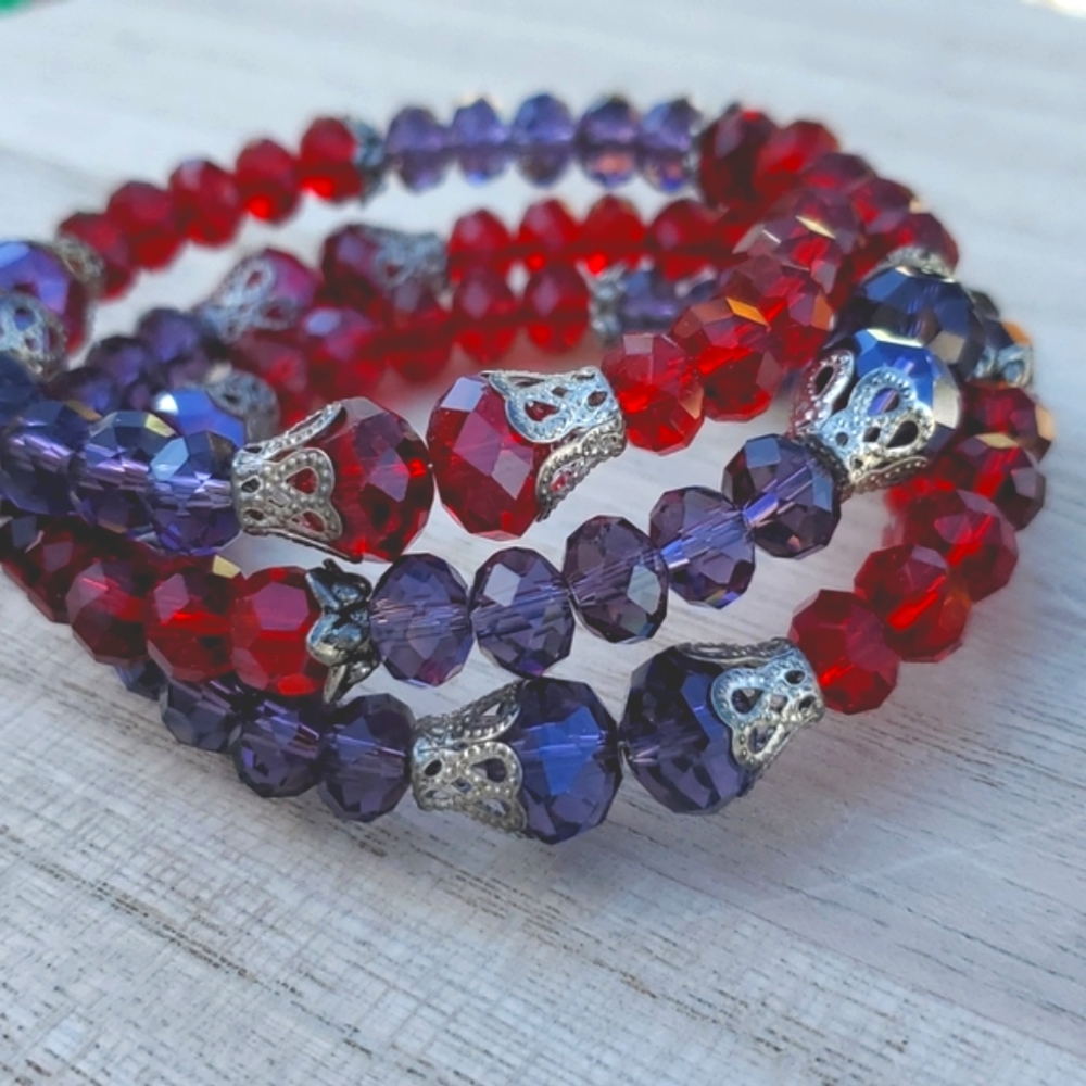 Purple and red crystal wire bracelet silver tone